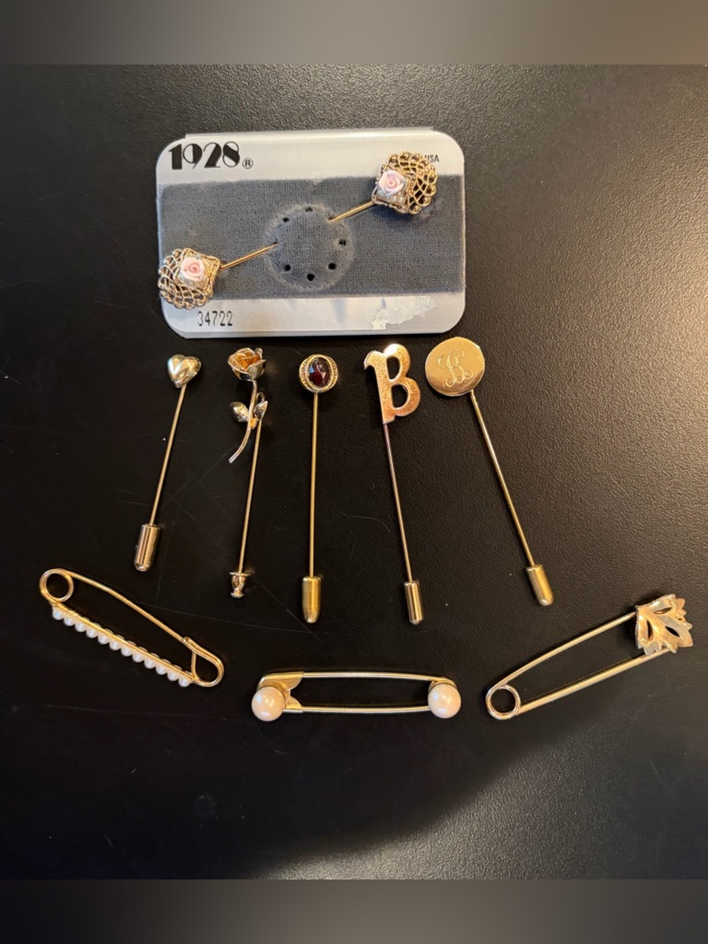 Vintage 1928 Gold-Tone Brooch and Stick Pin Set with Pink Rose Accents
